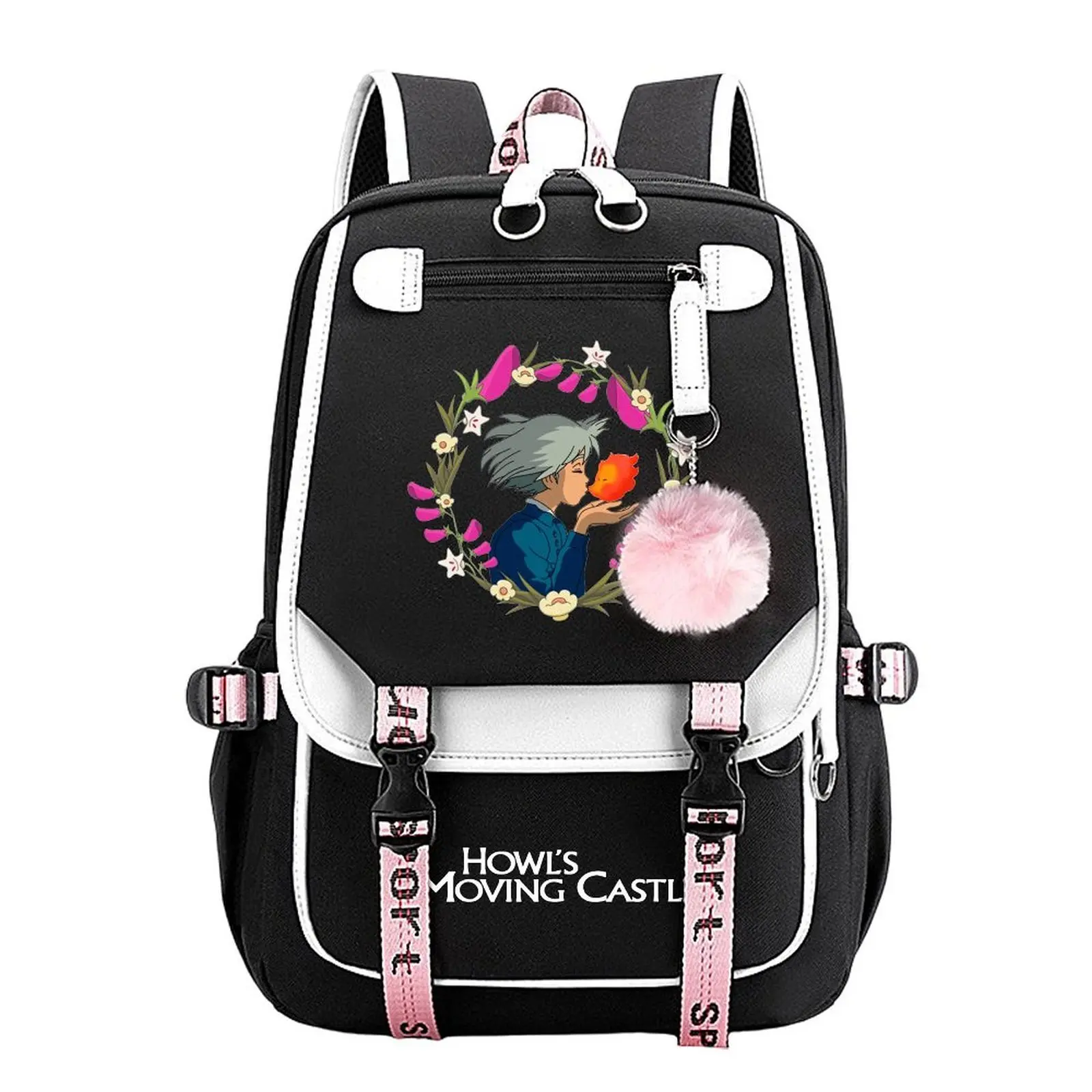 Howl's Moving Castle Sophie & Calcifer Cotton-Linen Laptop Backpack - Large-Capacity Durable Casual Bag with Ergo Straps, Adjustable Shoulder Strap, Compact Yet Practical Size (11.4in×18.1in), Ideal for Daily Use, Holiday Gift for Youth, Hand Washable, Co