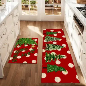 2Pcs 5 Christmas Trees With Red Background For Christmas Floor Mat Set Farmhouse Kitchen Rug Dining Room Flooring Laundry Room Decor Carpet Mat