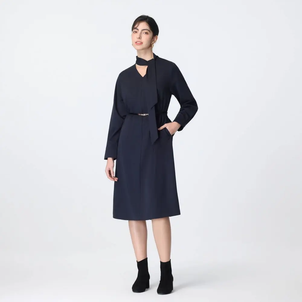 Women's Long Sleeve Scarf Midi A-Line Dress - A New Day Dark