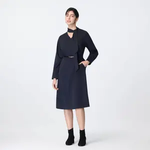 Women's Long Sleeve Scarf Midi A-Line Dress - A New Day Dark Blue XS