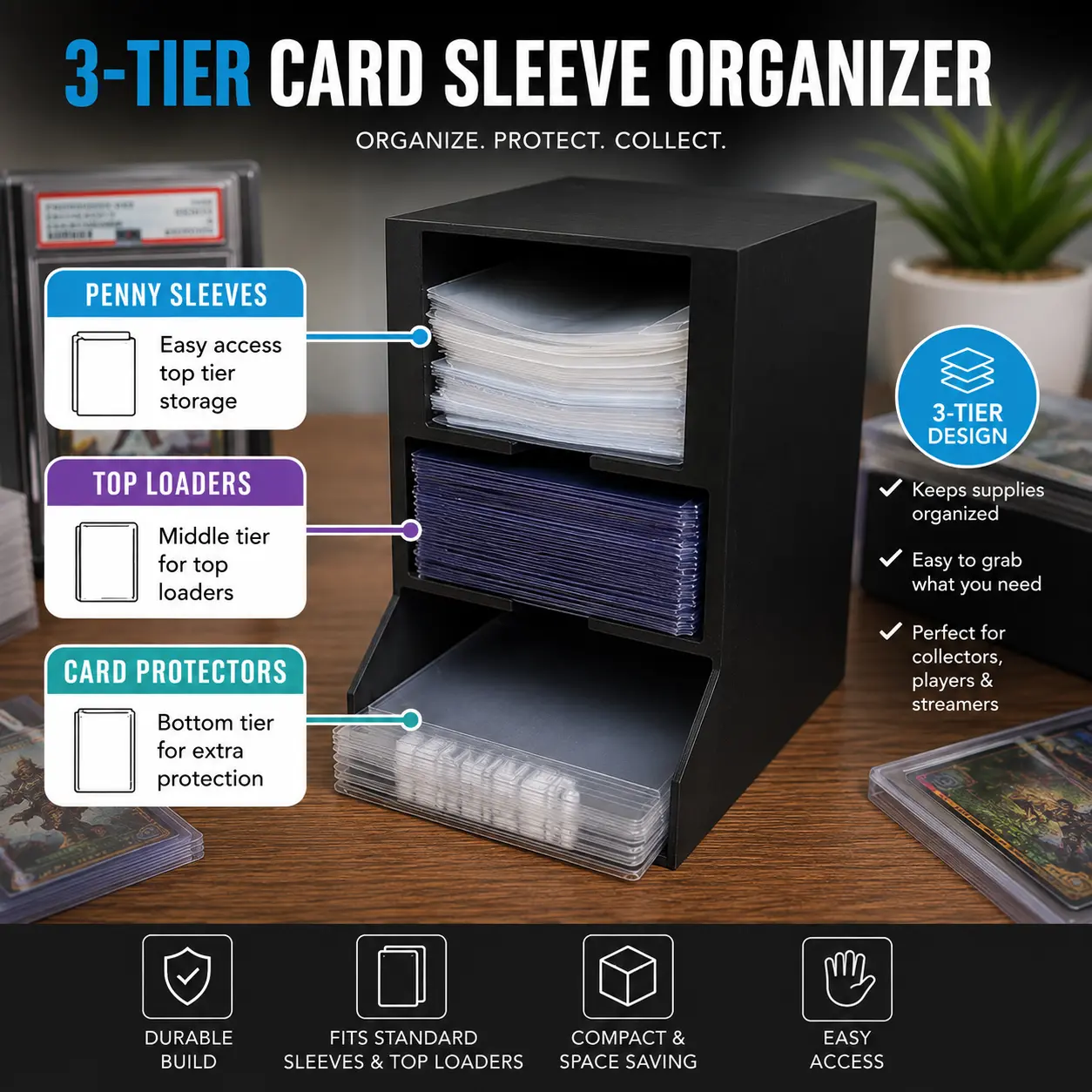 3-Tier Trading Card Sleeve Organizer for Penny Sleeves Top Loaders & Card Protectors Easy Access 3D Printed Construction Perfect for Collectors, Players & Streamers