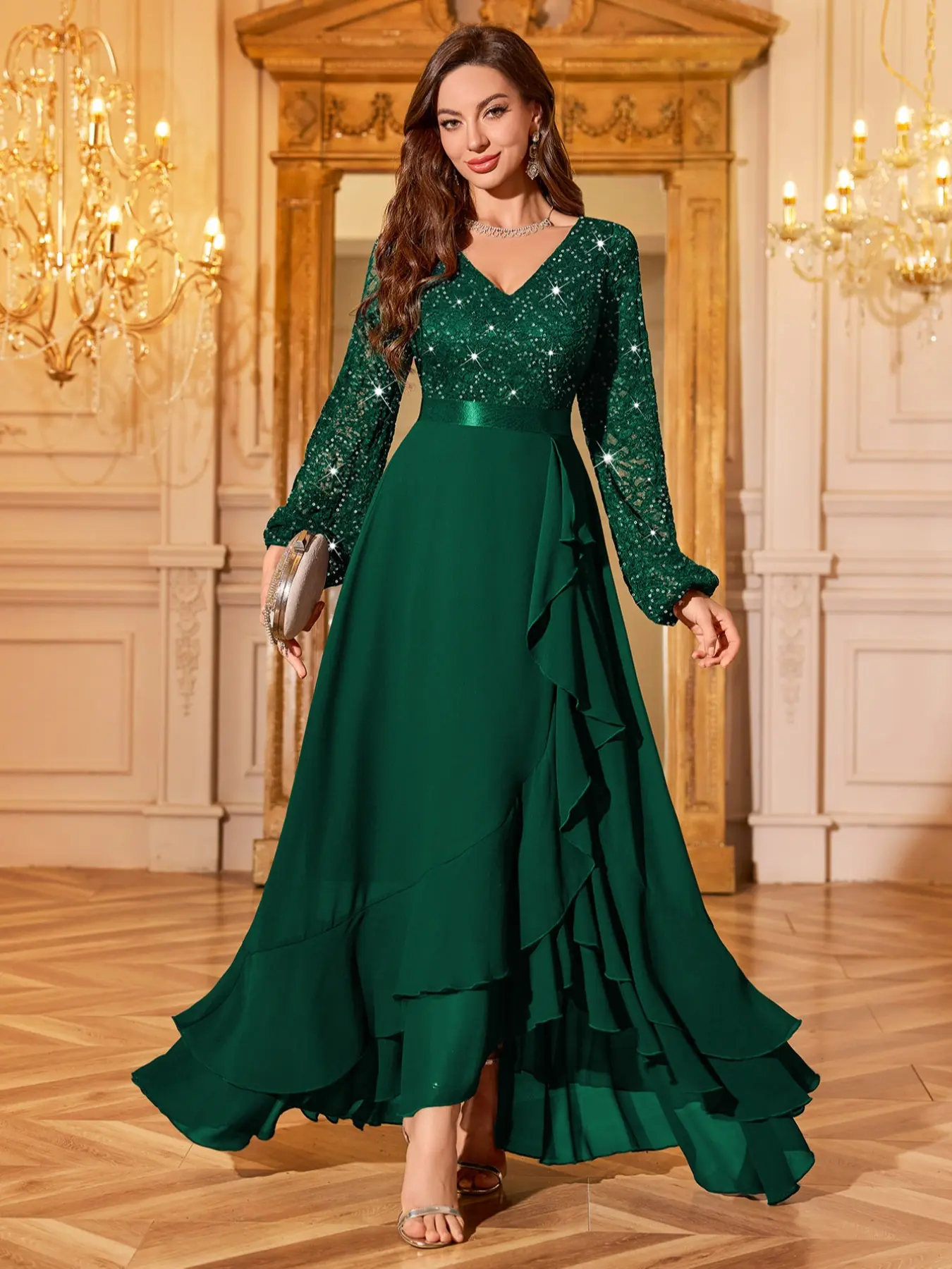 MIUSOL 34017A Sequin Glitter Floral Lace Chiffon V-Neck Long Lantern Sleeve Ruffle Hem Formal Party MIUSOL 34017A Sequin Glitter Floral Lace Chiffon V-Neck Long Lantern Sleeve Ruffle Hem Formal Party