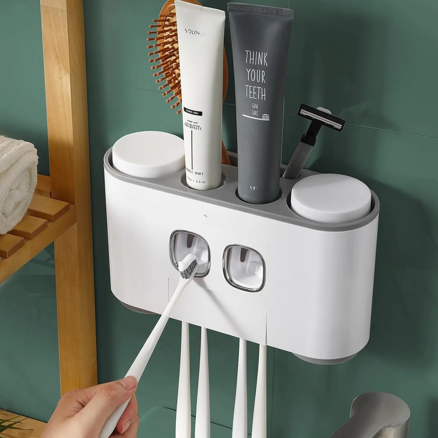 Toothbrush Holders with Toothpaste Dispenser Wall Mounted for Bathroom-4 Cups Automatic Electric Tooth Pastetooth Squeezer-Bathroom Organizer Storage Accessories Set for Kids with 5 Toothbrush Slots bitva e