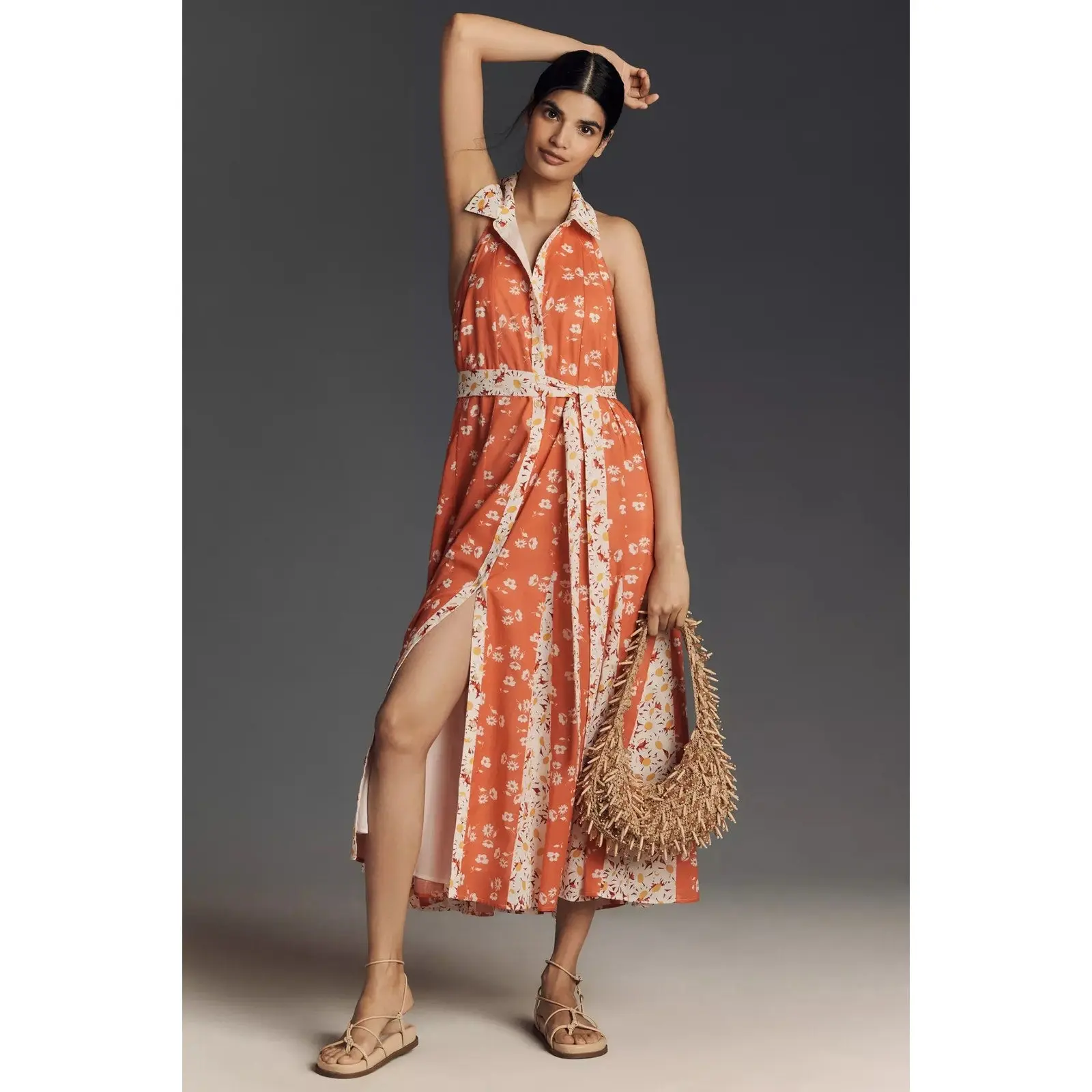 ANTHROPOLOGIE Maeve Halter Open-Back Godet Midi Shirt Dress MEDIUM