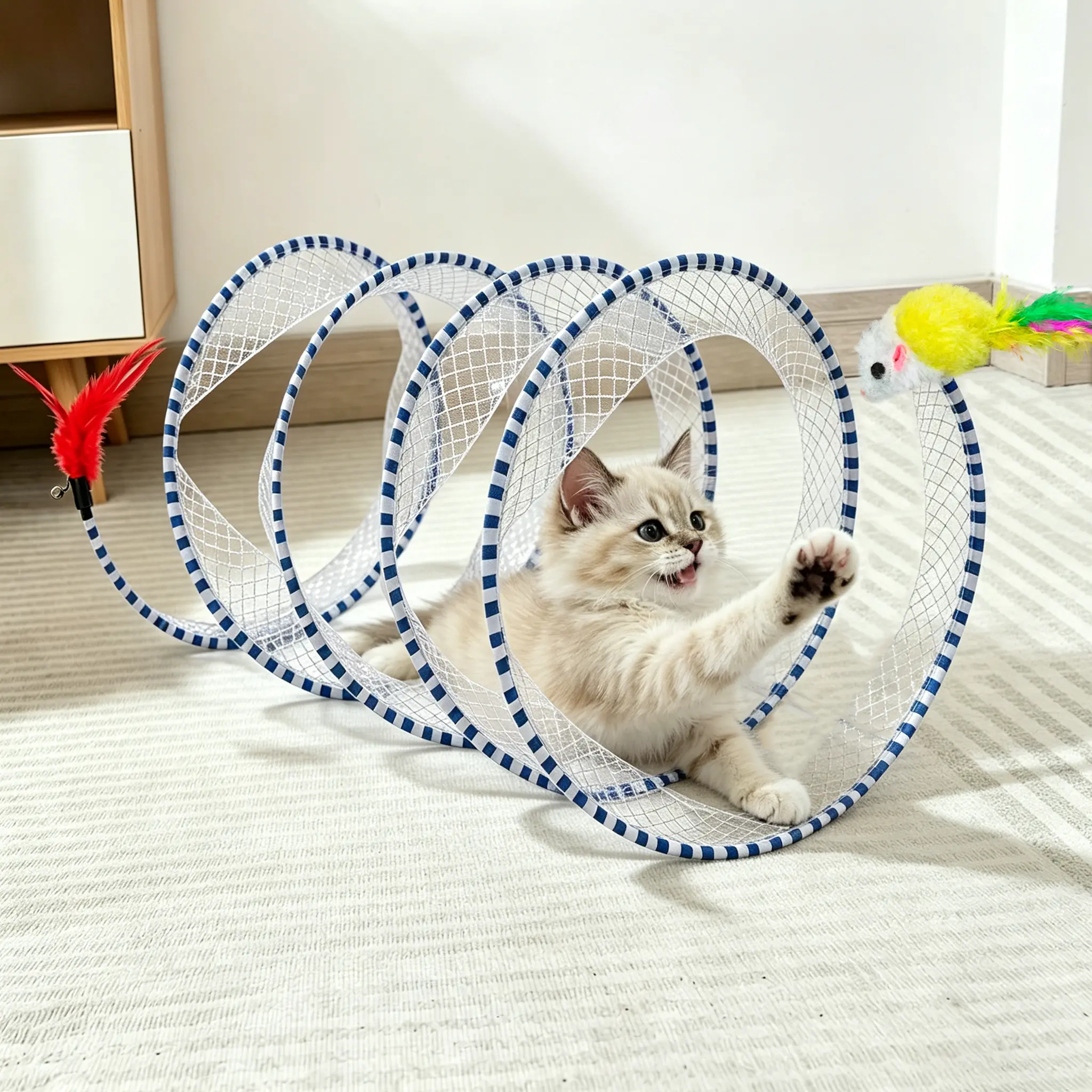 Cat Tunnel Toy, Collapsible Spring Play Tunnel with Feather & Bell for Indoor Cats, 20" Unfolded，2 Color Options Available