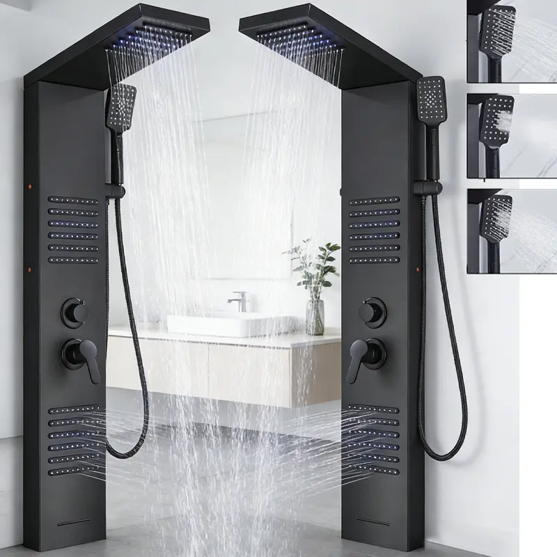Contemporary Shower Panel Wall Mounted Shower Tower Rainfall Waterfall Showerhead Full Body Shower System with 4 Shower Massage Jets Bathroom Shower Panels Stainless Steel, Brushed Nickel