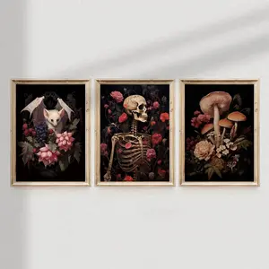 Set of 3 Dark Cabin Gothic Mushroom Skull Bat Flower Print Canvas Wall Art Print, Flower Retro Painting, Refined Black Plants Gothic Wall Art Fantasy Sky Opening Decoration, Dark Academic Poster, Artwork Mural Gift, Bedroom, Office, Living Room
