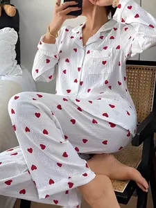 Women's Valentine's Day Bubble Heart Sleepwear Set, Long Sleeve Pajamas, Home Wear, 2 Piece Suit, Comfortable Nightwear