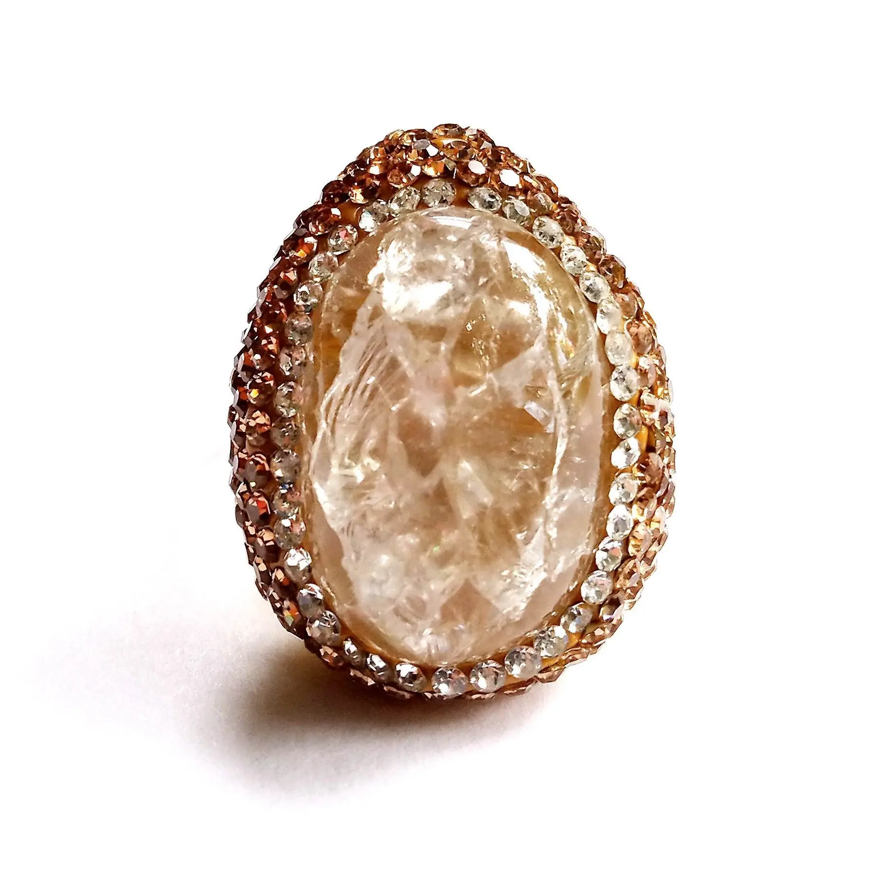 Genuine Quartz Cabochon Cocktail Ring with Rhinestones - Adjustable Brass Band - 66.80 Carats