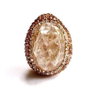 Genuine Quartz Cabochon Cocktail Ring with Rhinestones - Adjustable Brass Band - 66.80 Carats