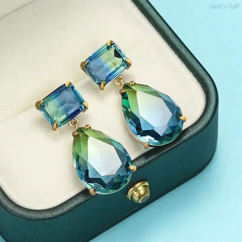 Women's Geometric Teardrop Drop Earrings, Premium Gradient Blue-Green Tone Costume Jewelry, Elegant Versatile Accessory for Daily Wear & Gifting