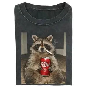 Vintage Raccoons Dr Pepper Smoking T-Shirt with funny Gen Z dank meme design, trendy animal graphic tee, cotton streetwear gift for men and women alike.