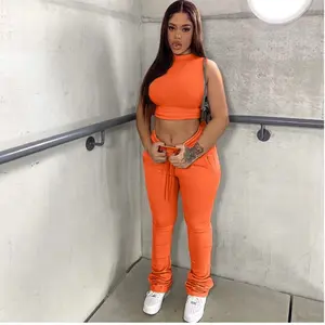 Women’s 2pcs Solid Cropped Top Jogger Set ORANGE Womenswear Sleeveless Top High Neckline Adjustable Waist Strings Comfort Casual Fitted Pants Bottom Clothing Comfortable Style