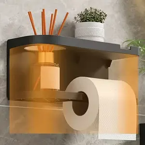 1pc Wall-Mounted Toilet Paper Holder with Storage Shelf & Drawer - Space-Saving Bathroom Organizer with Golden Knob, Multi-Tier Shelving System, Space-Saving Design for Home & Hotel Bathrooms, Toilet Paper Dispenser & Storage Cabinet