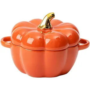 Dutch Oven Pot with Lid, 15 Oz Cute Pumpkin Ceramic Dessert Saucepan with Handle, Mini Pumpkin Bowl Baking Dish, Covered Stockpot Pottery Casserole, Halloween Thanksgiving Decor (Orange)
