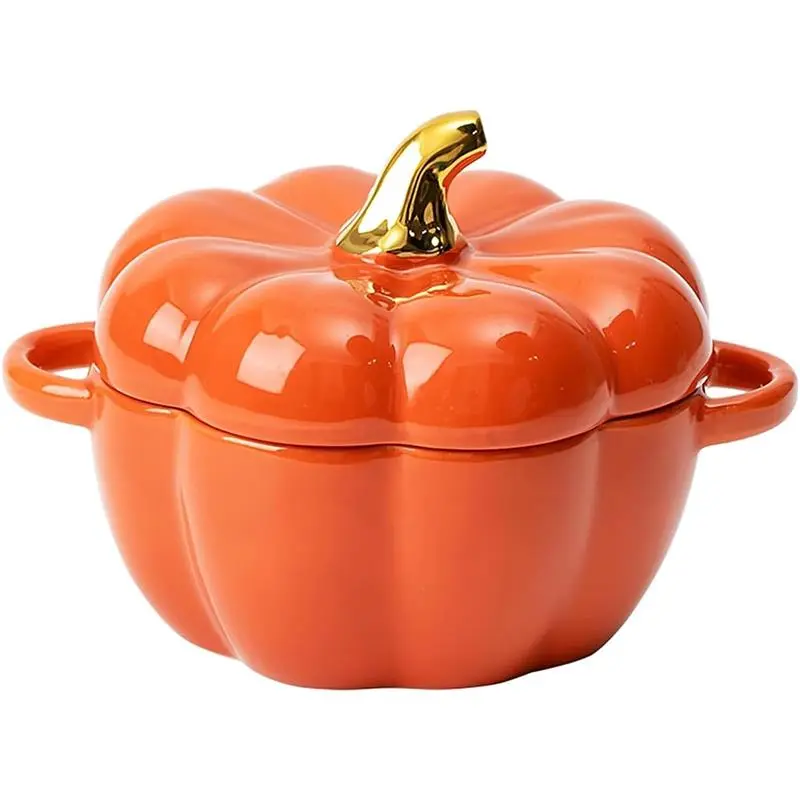 Dutch Oven Pot with Lid, 15 Oz Cute Pumpkin Ceramic Dessert Saucepan with Handle, Mini Pumpkin Bowl Baking Dish, Covered Stockpot Pottery Casserole, Halloween Thanksgiving Decor (Orange)