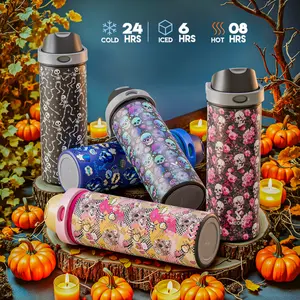 [Meoky Skull Pattern Series] 24oz Water Bottle with Straw & 2-in-1 Lid Leak-proof Stainless Steel Thermos Keeps Cold for 24 Hours BPA-free Silicone Base Perfect for Travel School or Gifts - Drinkware Flasks Tumbler,Valentine's Day gift