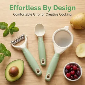 Kitchen gadgets: plastic handle strainer spoon, cucumber peeler, popsicle scoop, stainless steel vegetable/fruit peeler, corn filtering mesh, in stock; stainless steel strainer spoon for home use, soy milk filtering mesh, baby food juice straining spoon,
