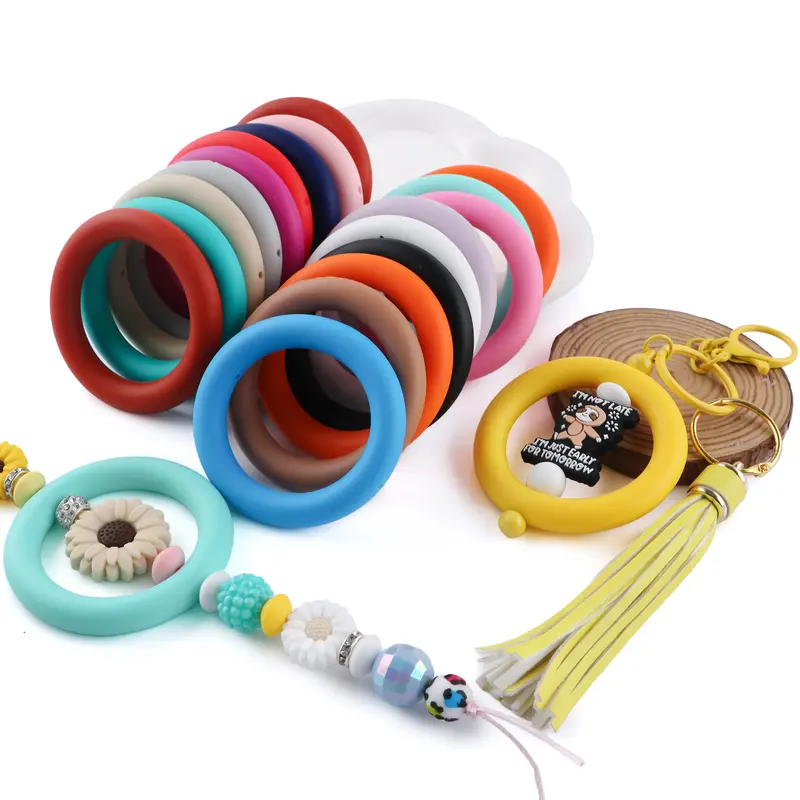 Unisex Modern 20Pcs Random Mix Colored Soft Silicone Beadable O-Rings - 65mm Round Focal 2-Hole Loops, 0.12 Inches Water-Cleanable Beads Charms Accessories for DIY Jewelry Making, Car Hang Ornaments