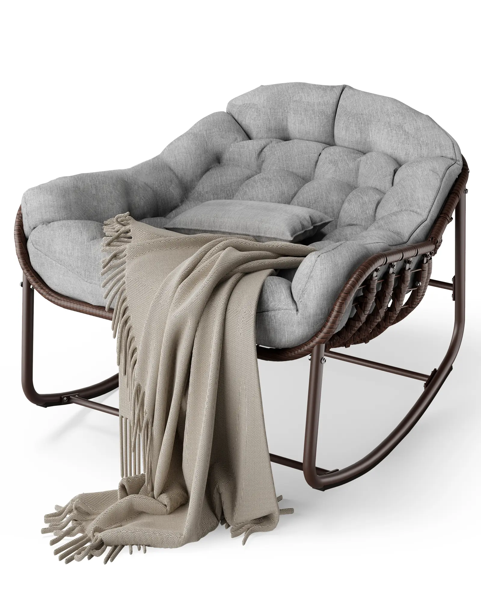 Oversized Papasan Egg Rocking Patio Chair - Wicker Rattan Lounge, Thick Cushion, Heavy-Duty Metal Frame - for Balcony Backyard Porch Bedroom - Grey