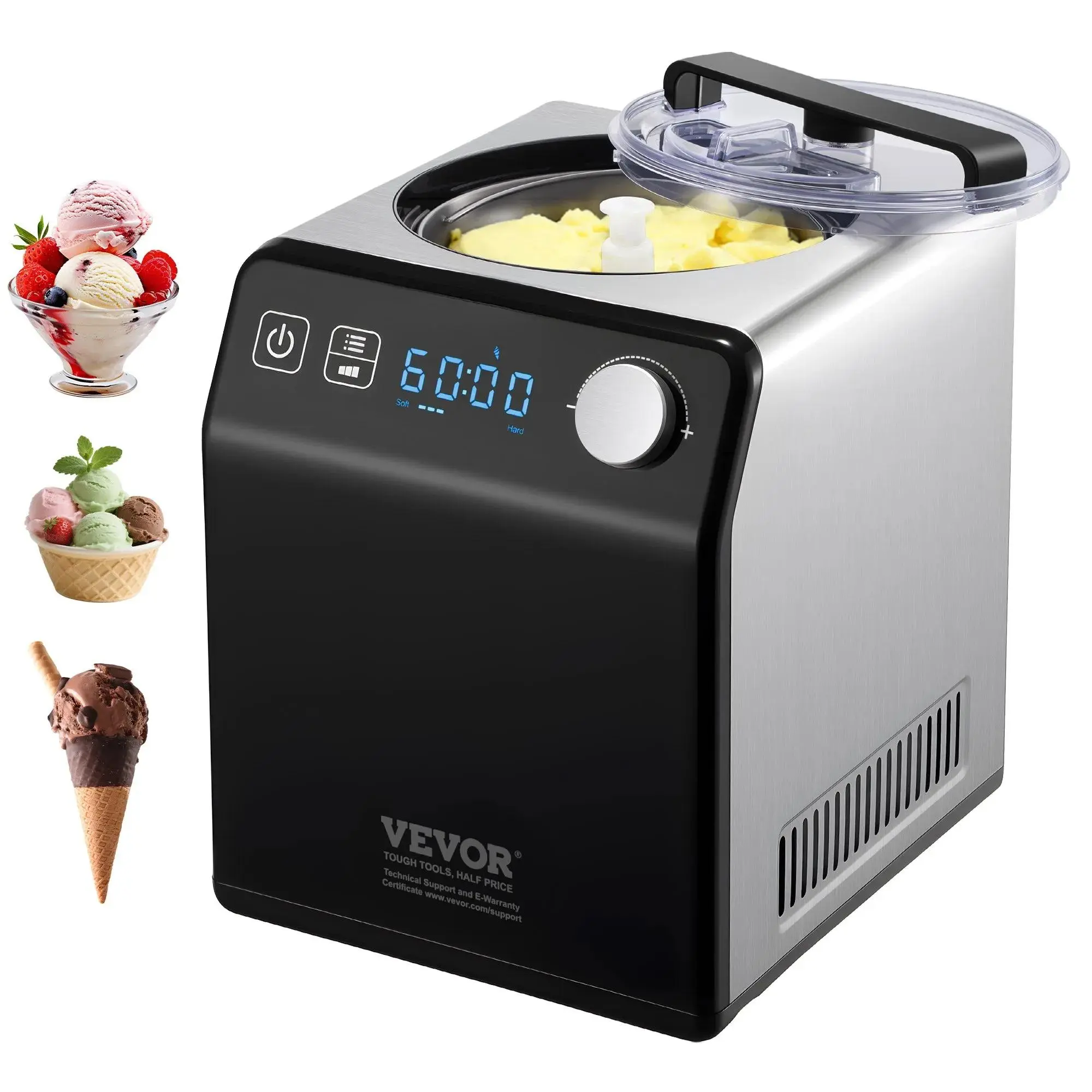 【Backtoschool】VEVOR Upright Automatic Ice Cream Maker with Built-in Compressor,  2 Quart No Pre-freezing Fruit Yogurt Machine, Stainless Steel Electric Sorbet Maker, 4 Modes Gelato Maker with Digital Display & Timer