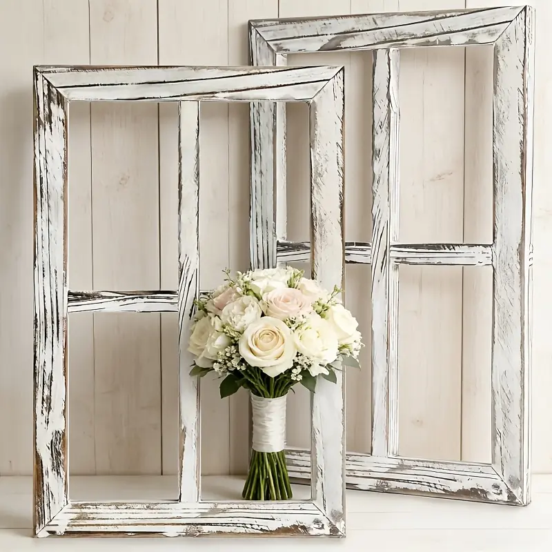 3D 2pcs Vintage Wooden Window Frame Decor, Wall-Mounted Blind Frame Without Glass - A Rustic Accent for Country-Style Spaces, Featuring a Distressed Vintage End. Ideal for Home Decor, Office Decor, Bedroom Decor, Wedding Decor, And As a Wedding Gift