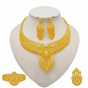 24K Gold Plated Jewelry Set Dubai Style African Women Wedding Party Necklace Earrings Adjustable Ring with Gift Box