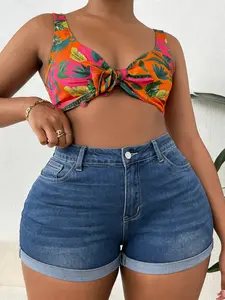 1 Pack Women's Plus Size High Waist Denim Shorts, Casual Skinny Shorts, Casual Summer Streetwear High Stretch Butt Lifting Tummy Control Rolled Hem Shorts with Deep Pockets for Curvy Women, Ideal for Daily Wear Outdoor Activities, Womenswear Fit