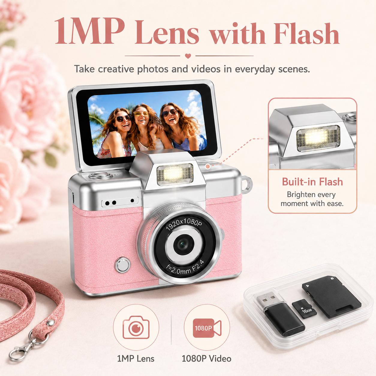 Y2K Mini Keychain Digital Camera, Cute Pocket-Size HD Camera with Flash, 0.96" Screen, 16G Card & Charging Cable Included, Retro Vlog Camera for Travel, Concerts, Parties & Everyday Fun, Portable Digital Camera, Led Display Screen