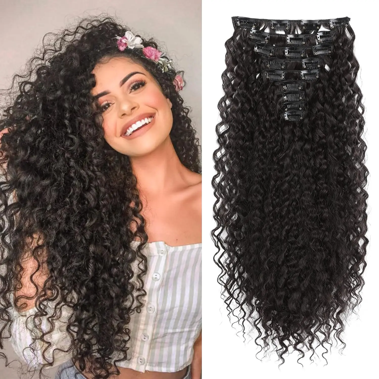 9-Piece Curly Clip Ins for Women, 22-Inch Brown Synthetic Hair Extensions, Soft Hairpieces for Female Voluminous Hair & Halloween, Synthetic Curly Hair, Long Curls
