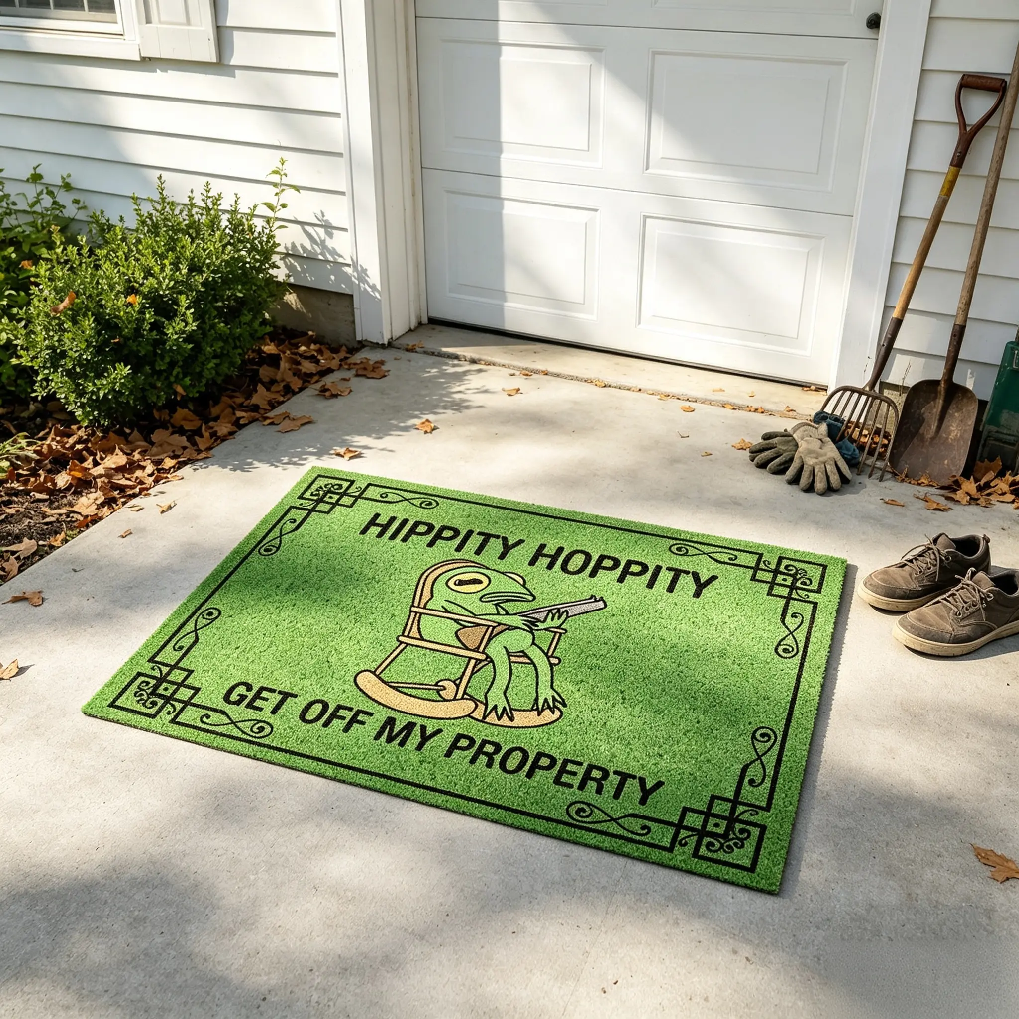 Hippity Hoppity Get Off My Property Frog Doormat, Rocking Chair Frog With Gun Funny Meme Welcome Mat, Non Slip Green  Entryway mat For Front Porch Home Decor