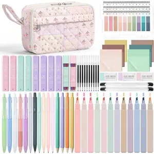 62 count Aesthetic School Supplies with Quilted Pencil Case, Pastel Highlighters, Gel Pens Mechanical Pencils Set, Cute  to School Supplies, College Essentials ( Patchwork, M)