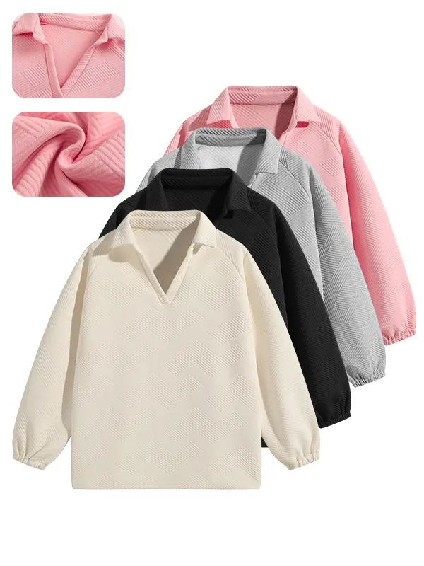 Women's Cozy Jacquard V-Neck Long-Sleeve Oversized Sweatshirt, Comfortable Loose-Fit Lady Loungewear Top, Stylish Casual Daily Wear