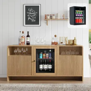 AMERLIFE 60" All-in-One Coffee Bar Cabinet with Refrigerator(Refrigerator Included), Storage Cabinet with Waveform Fluted Door, Hidden Refrigerator for Kitchen, Dining Room, Living Room,