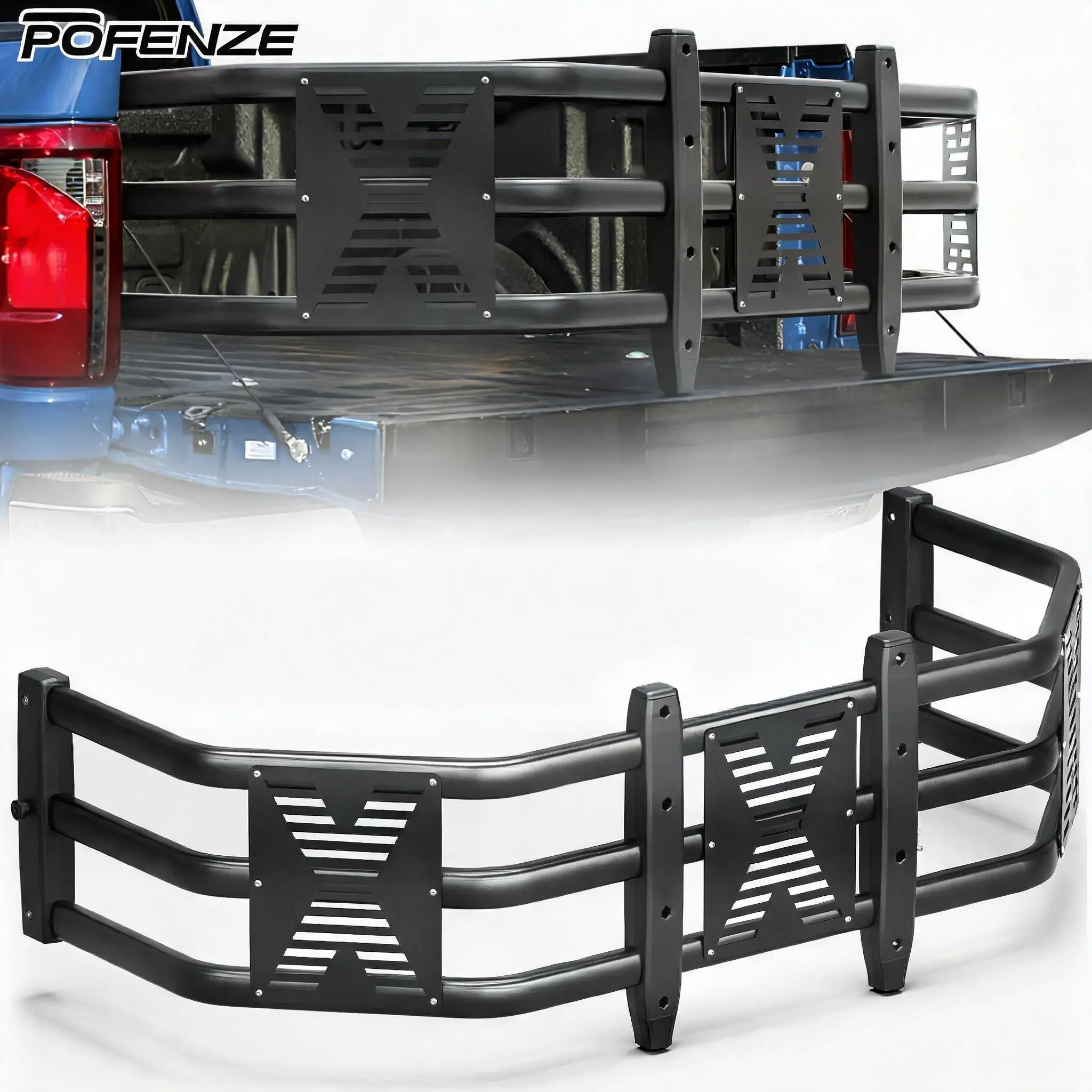 POFENZE-Mestan Adjustable Aluminum Truck Bed Extender, 59"-69" Retractable Drill-Required Truck Accessories, Compatible with CHEVROLET SILVERADO, TOYOTA TUNDRA, FORD F-Series, RAM, NISSAN TITAN pickup length