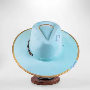 Handcrafted Boho Sky Blue Hat – Suede Fedora with Gold Trim & Multicolor Stone Beads