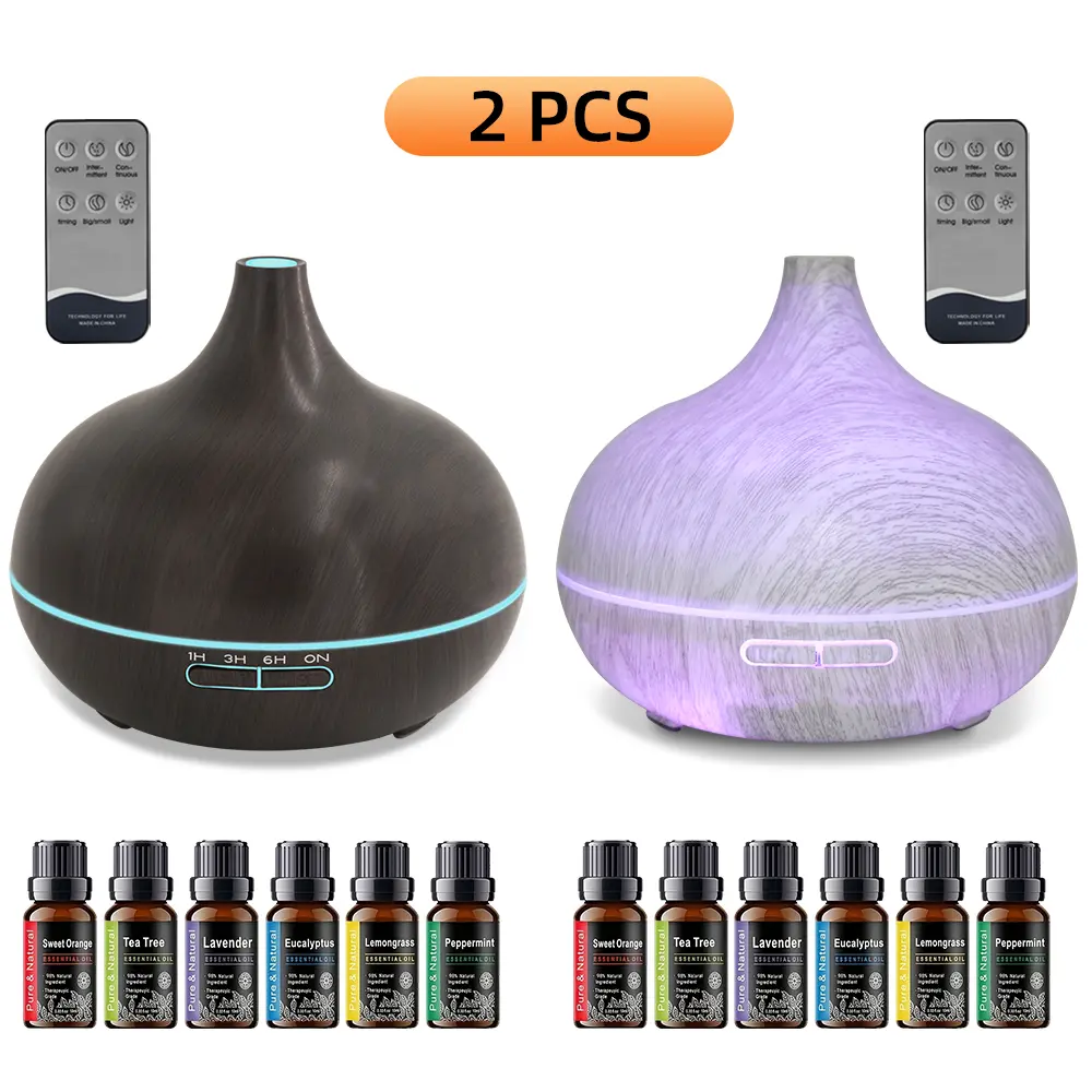 2 Pack Essential Oil Diffusers with Remote Control + 10 Essential Oils Set, Ultrasonic Aromatherapy Diffuser with 7 Color Lights, Timing & Waterless Auto Shut Off for Home Bedroom Pet Room
