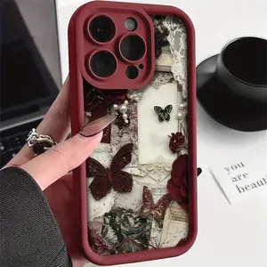 Phone Case: Vintage Court Style Red Rose Butterfly Collage Pattern Phone Case for iPhone 16/16 Pro/16 Pro Max/16 Plus/15/15 Plus/15 Pro/15 Pro Max/14/14 Plus/14 Pro/14 Pro Max/13/13 Pro/13 Pro Max/12/12 Pro/12 Pro Max/11/11 Pro/11 Pro Max/7/8