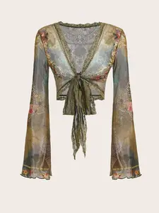 ICON Y2K Grunge Floral Mesh Top – Tie Front Sheer Vibe for Alt Girl, Festival & Summer Street Looks