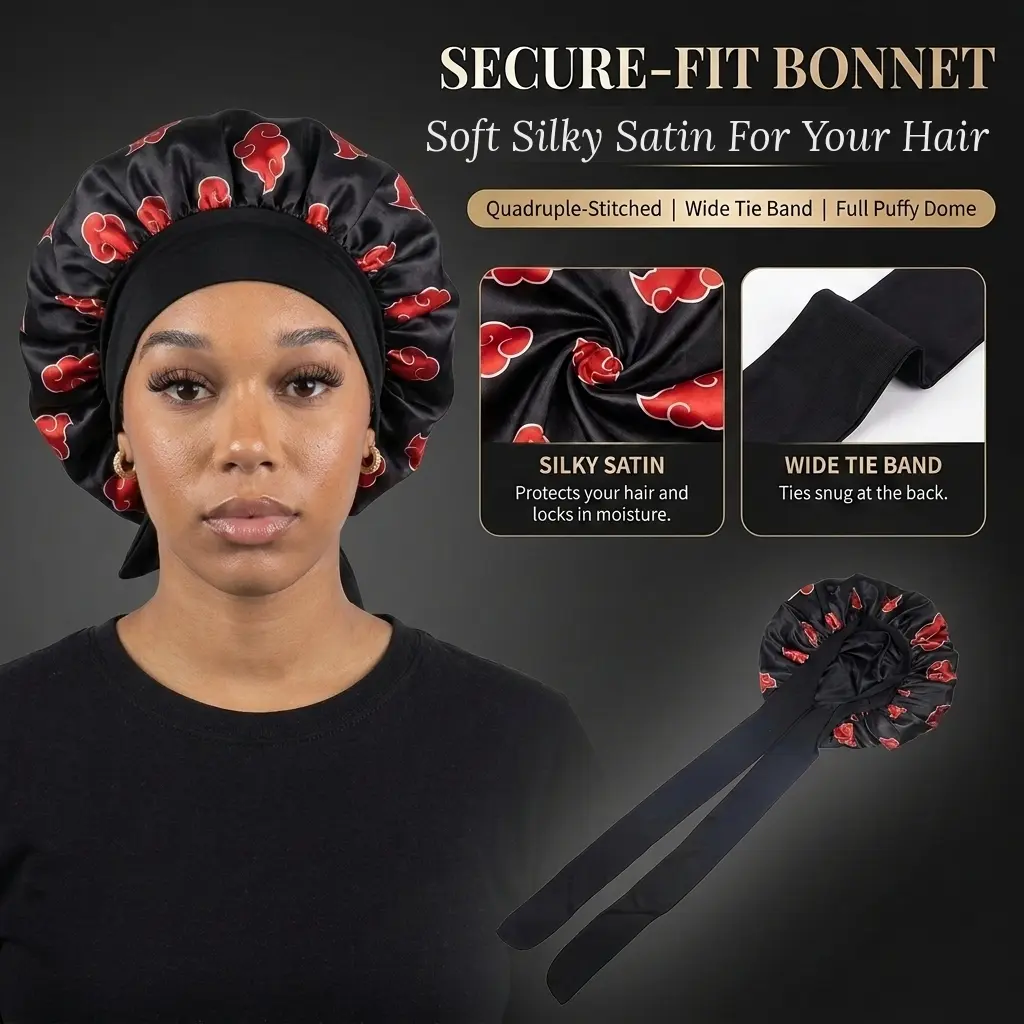 Premium Satin Hair Bonnet with Secure Tie Design Double Layer Satin Soft Band with Silky Smooth Surface & Adjustable Sateen Tie Band for Secure Fit Unisex Wigcap Haircare - Elastic, Satin Bonnet Sleep Hair Cap Hair Styling Agent Hair Styling Agent