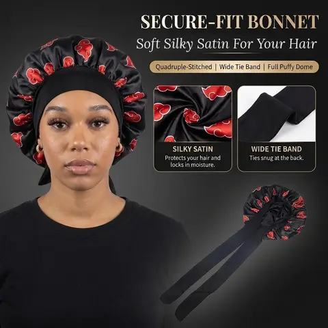 Premium Satin Hair Bonnet - Double Layer, Adjustable Tie for Secure Fit, Soft Band, Smooth Surface, Silky Heatless Anti-Frizz Haircare, Unisex Daily Nighttime Wear, Wig Cap Use