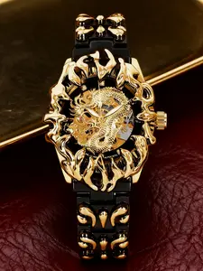 A new men's black gold patterned steel strip flame case design with unique golden dragon relief pink diamond gear hollow out high-end fashion luxury modern style Stylish Watch fully automatic mechanical watch