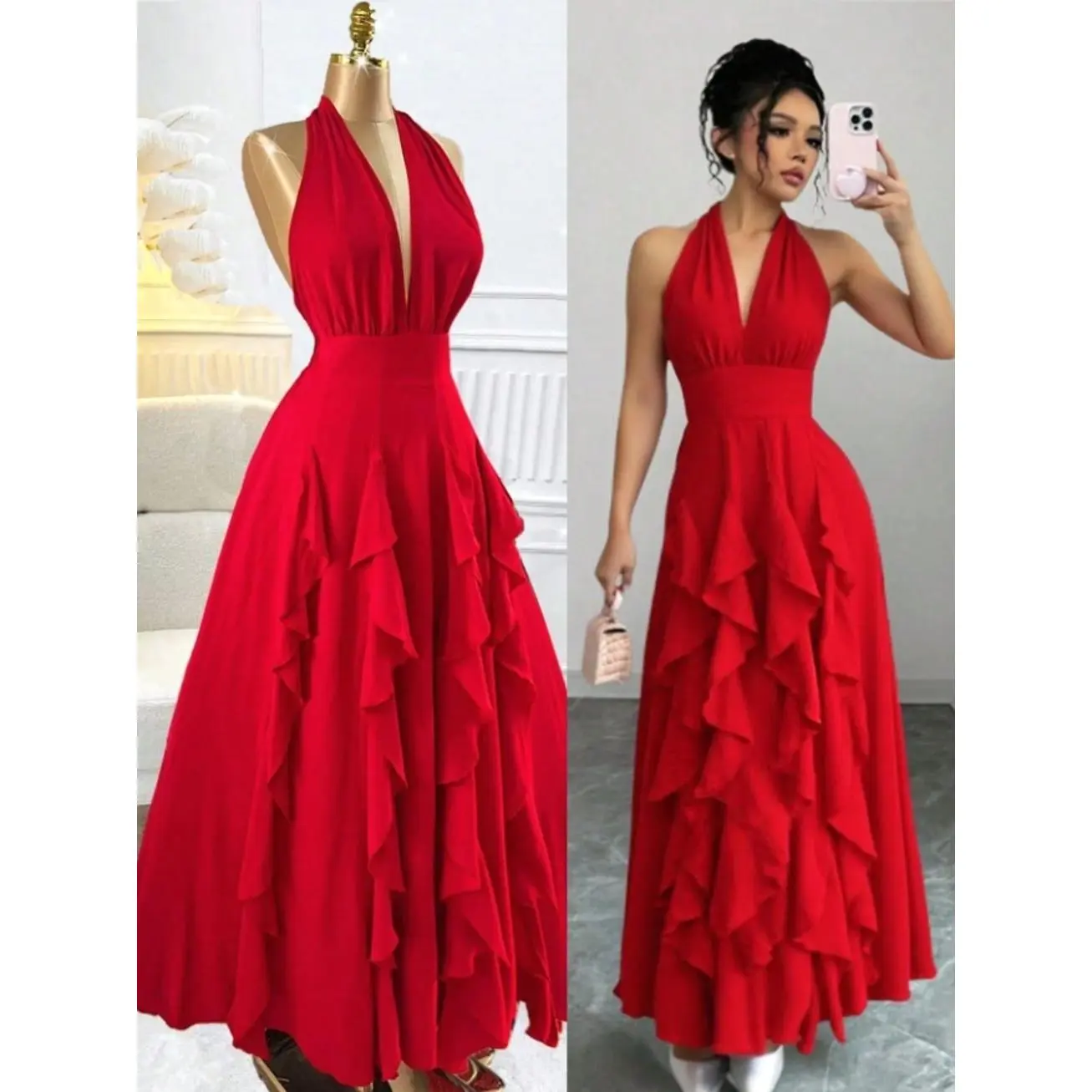 Women’s Boho Ruffle Maxi Dress – V-Neck Halter Summer Beach & Wedding Guest Dress
