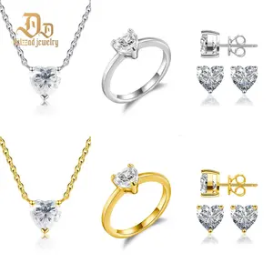 【Love Heart Set】Delzzad Heart's Eternal Embrace Set Solitaire Love Heart Stud Earrings Ring Band Necklace Synthetic Moissanite S925 Jewelry Set Perfect Engagement Wedding Anniversary Christmas Gifts