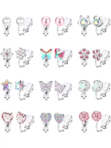 12Pairs Cute Clip on Earrings for Women Hypoallergenic Turtle Heart Star Butterfly Flower Pearl Cubic Zirconia Studs Clip Earrings Multicolored Clip-on Stud Non Pierced Earrings Set