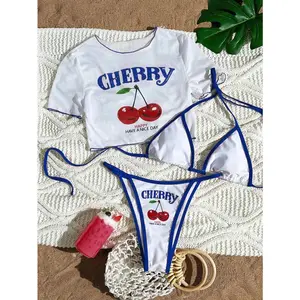 Cute Halter Bikini 3 Pieces Cherry Print 2026 Sexy & Fresh Feeling Bathing Suit Three-Piece Swimsuit Dark Blue Beach Swimwear