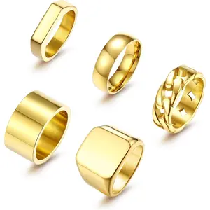 5 PCS 14K Gold & Stainless Steel Geometric Design Stacking Ring Set for Men, Chunky Thick Square Signet Rings for Pinky/Thumb, Cuban Link Chain Style, Minimalist Stackable, Vintage Wedding/Engagement Jewelry (Size 7-15), Geometric Design Ring, Sizes 7-15