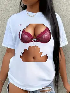 Women's Fun and Sexy Bra Pattern T-Shirt- Red Embellished Top with Printed Round Neck- Loose Casual Top, Suitable for Valentine's Day Gifts, Party Wear- Funny Surprise Gift for Girlfriends and Wives, "sport""Athleisure"