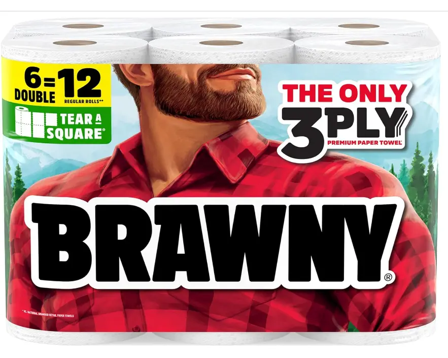 Brawny Tear-A-Square 3-Ply Paper Towels, 6 Double Rolls = 12 Regular Rolls, Strong, Absorbent, and Durable with 3 Sheet Sizes (Quarter, Half, Full)