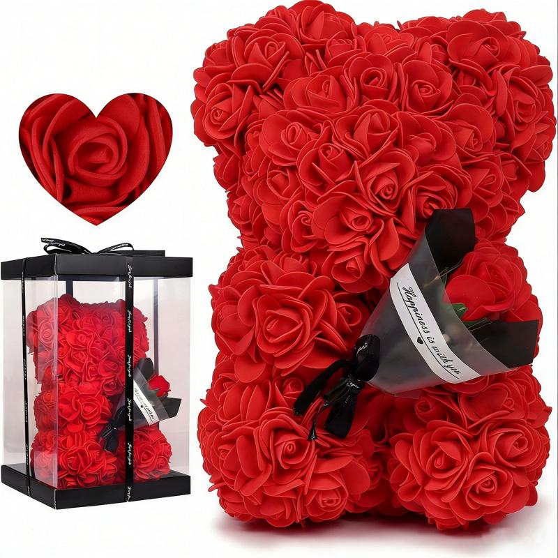 Rose Bear Gifts for Women-Best Gift for Valentine's Day,Mother's Day,Christmas,Birthday,Handmade Artificial Rose Teddy Bear Gifts for Girlfriend,Mom, and Daughters, Artificial Roses Bouquet with Bear Shaped Design,Surprise Clear Gift Box